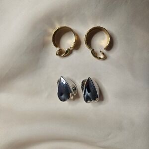 Vintage Trifari Clip On Earring Lot Gold Tone Ribbed Hoops Silver Tone Hearts